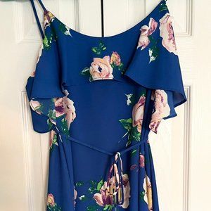 EVERLY Royal Blue Floral Shift Dress With Ruffle Overlay